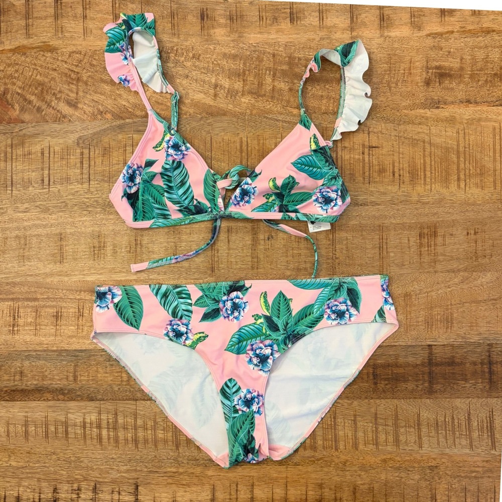 Asos Bikini Set M Tropical Floral Ruffle Pink Two Piece Swimsuit Bathing Suit